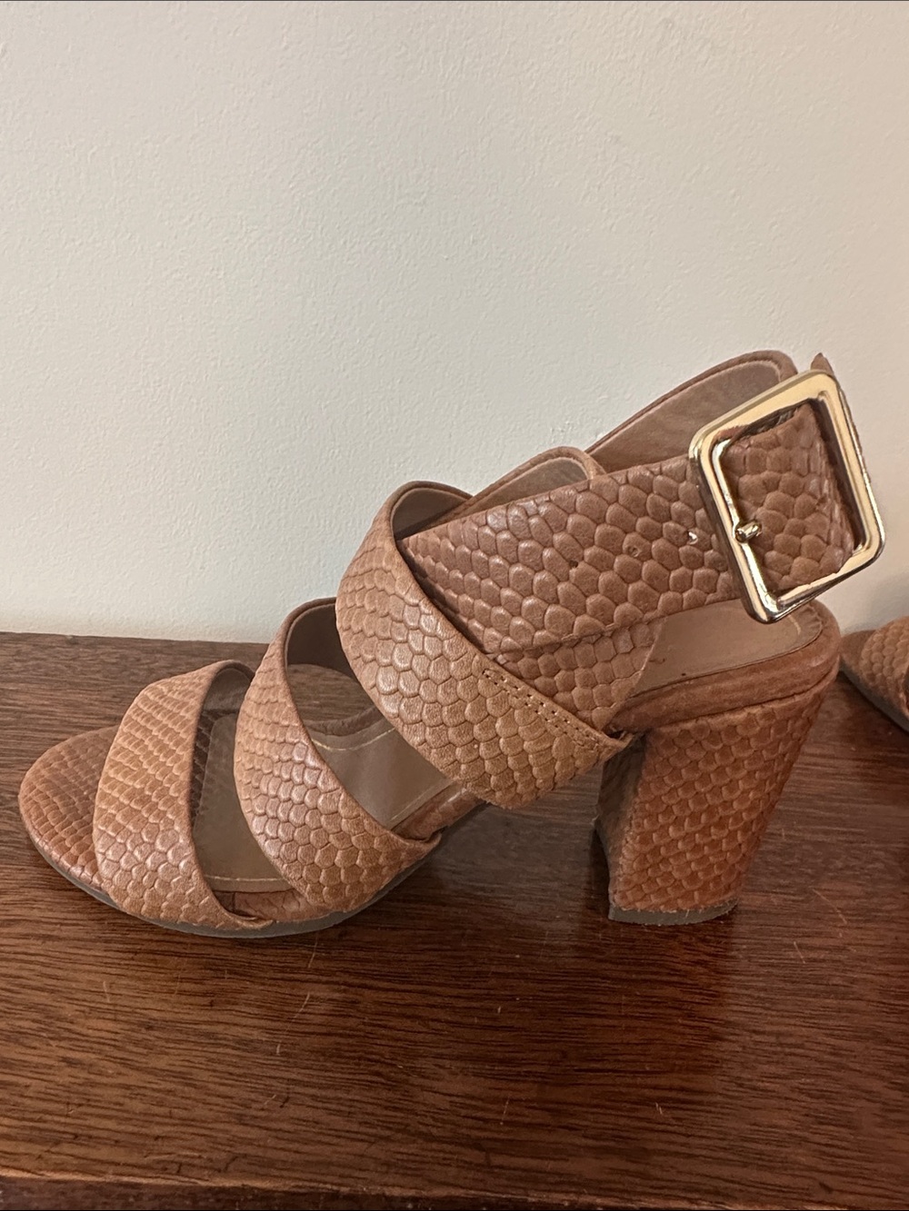 Vionic Tan Textured Block Heel Sandals with Buckle Accent